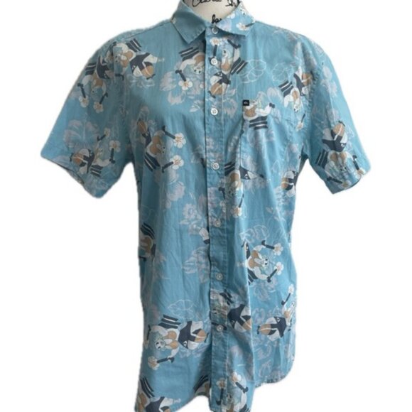 QUICKSILVER HAWAIIAN SHIRT NAUGHTY MAMA IN A ROCKET PRINT SZ M VERSATILE ICONIC - Picture 2 of 16